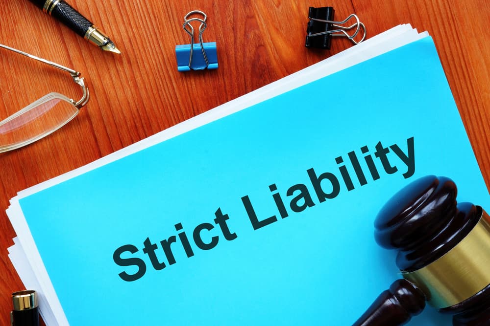 Strict liability is shown on a paper and gavel