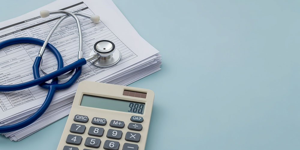 Stethoscope, calculator, and medical billing paperwork, representing medical expenses that can quickly exceed South Carolina’s minimum insurance limits after a serious crash.