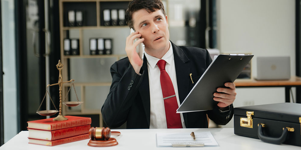 Lawyer working on a tablet and laptop beside a gavel, representing legal strategy and case preparation after a car accident.