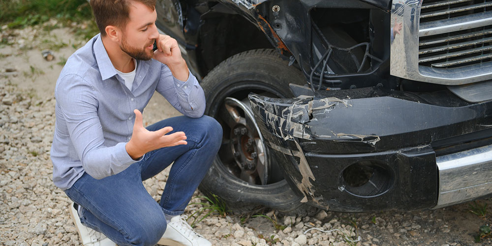 Driver calling for help after a roadside car crash, representing the urgent steps to take before speaking with insurance or hiring a lawyer.