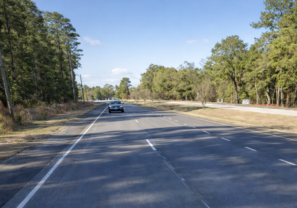A two-lane highway in Charleston County, South Carolina at dusk
