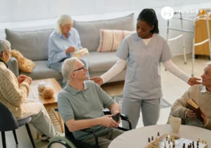 Assisted living facility residents receiving care from a caregiver