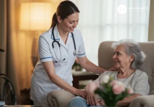Nurse assisting an elderly woman with care in a Charleston nursing home