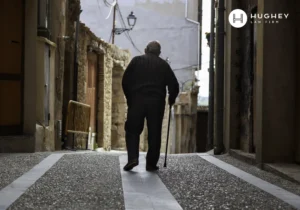 Elderly man walking alone with a cane, representing wandering and elopement risks in a Charleston nursing home.
