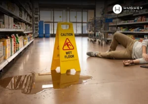 Walmart slip and fall accident in Charleston showing an injured shopper and wet floor sign
