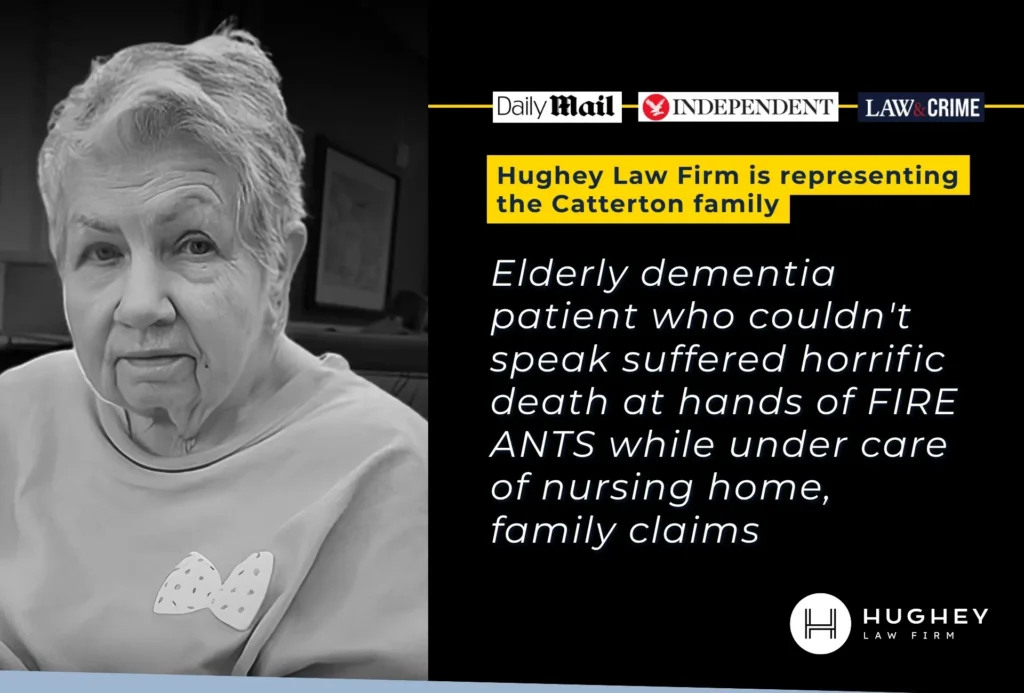 Hughey Law Firm Daily Mail media coverage highlighting the Catterton family case involving an 83-year-old dementia patient who died after ant bites