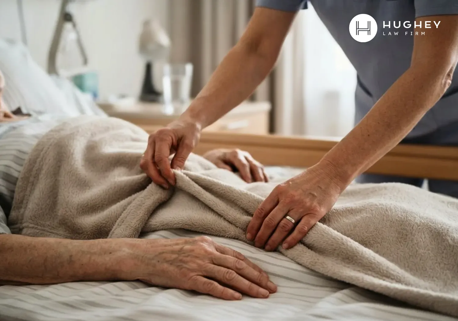 Health care worker assisting a vulnerable adult in a hospital bed amid South Carolina Medicaid fraud concerns