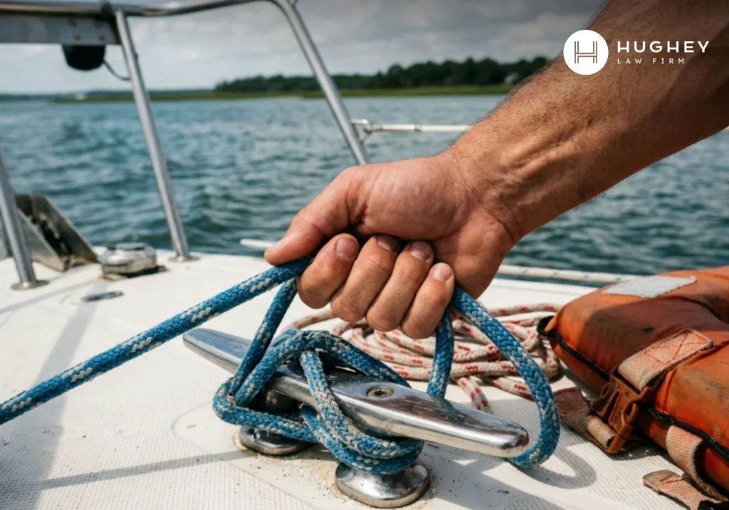 Charleston boating accident risks, with a hand gripping a boat rope near a life jacket.